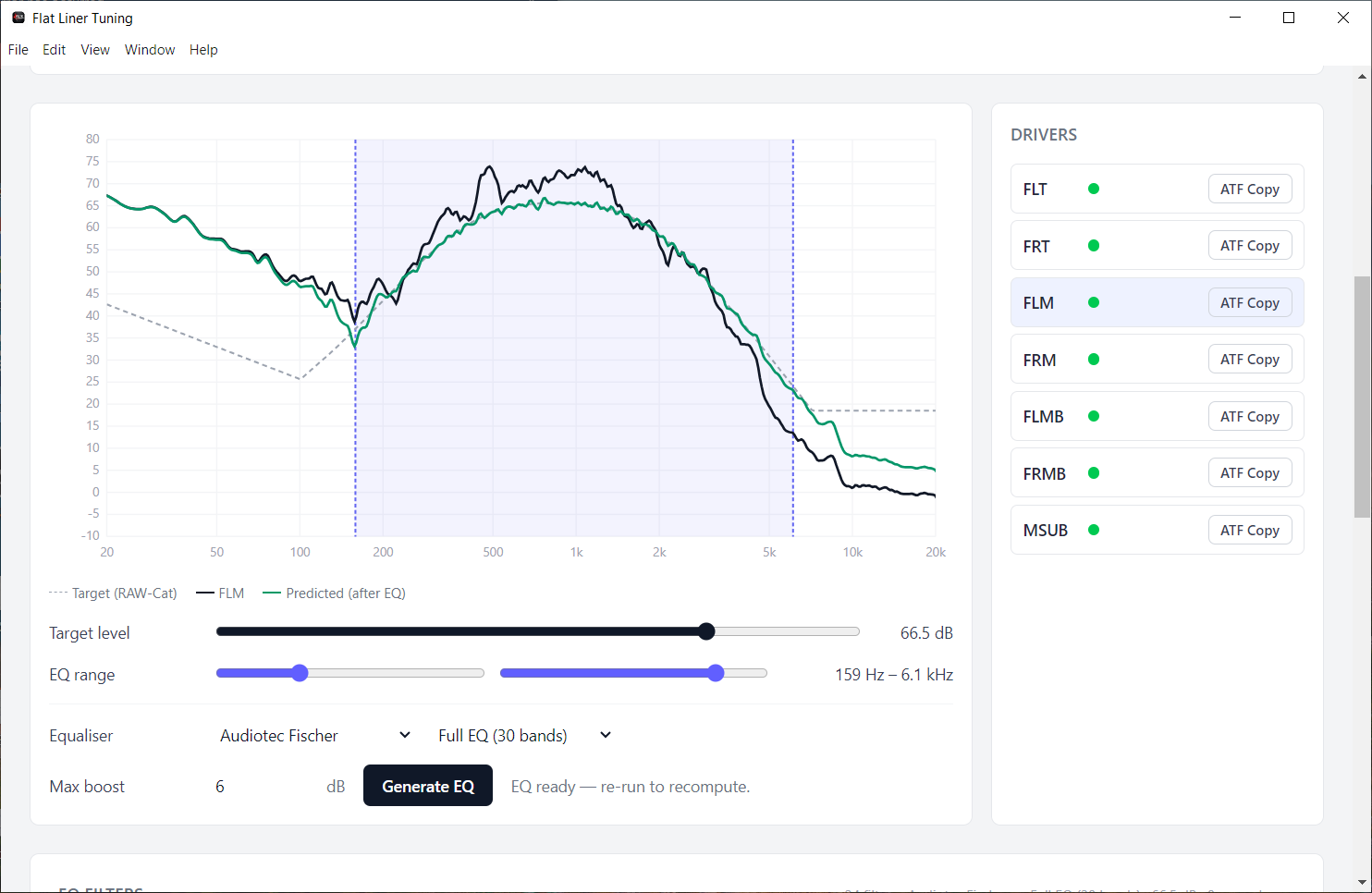 EQ generation screen comparing measured, target, and predicted response curves